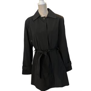 London Fog W Sz XL Trench Rain Coat Black Lightweight MIDI Tie Waist Fitted